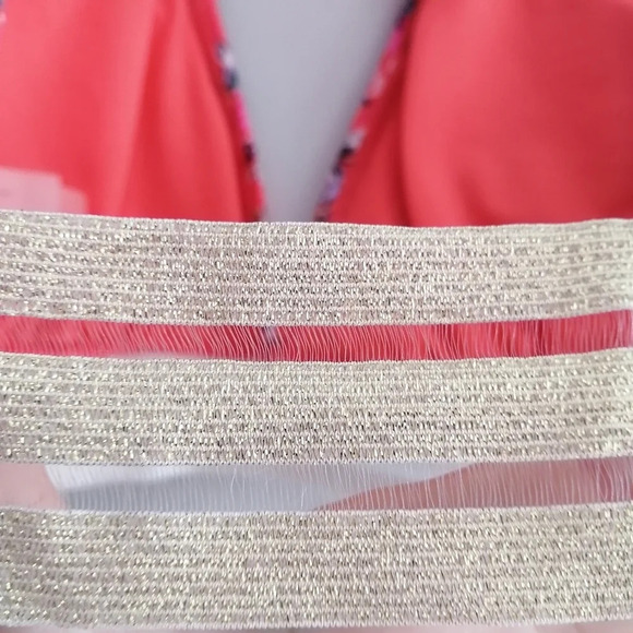 Nicole Miller Coral Pink Floral  Halter Bikini Top with Mesh Metallic Band Large - Picture 7 of 16